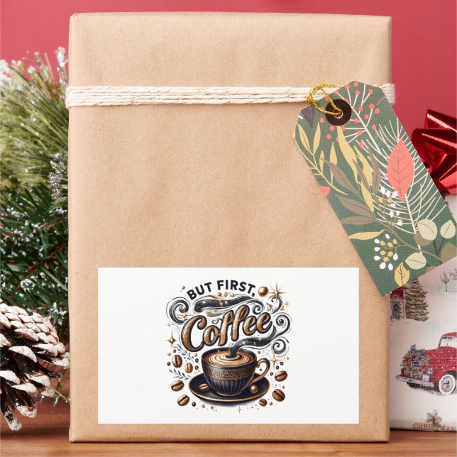 But First Coffee Art - Stylish Gold Design Rectangular Sticker (Holiday)
