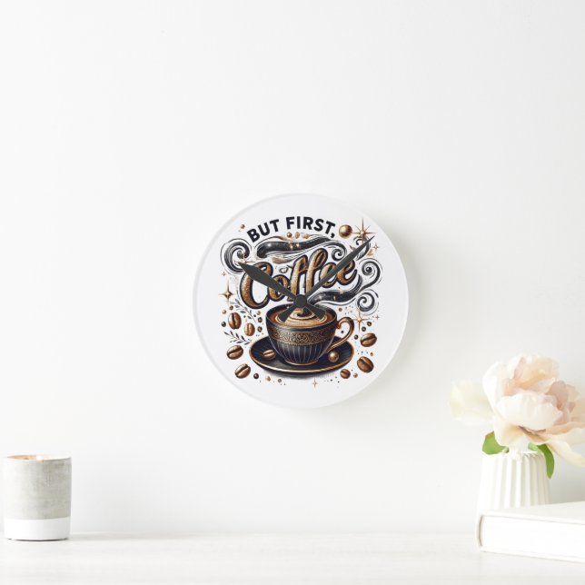 But First Coffee Art - Stylish Gold Design Round Clock (Home)