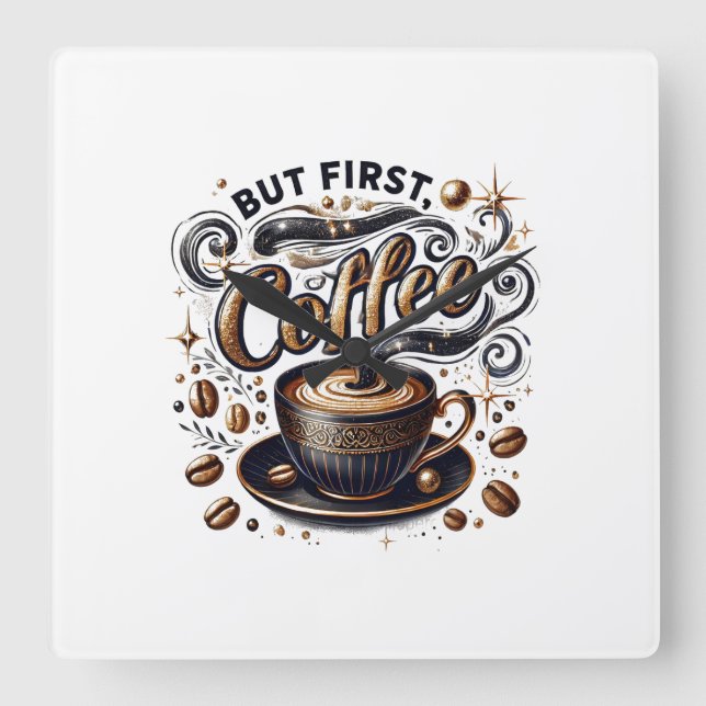 But First Coffee Art - Stylish Gold Design Square Wall Clock (Front)