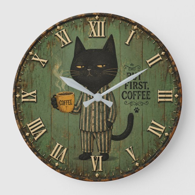 But First Coffee Black Cat Large Clock (Front)