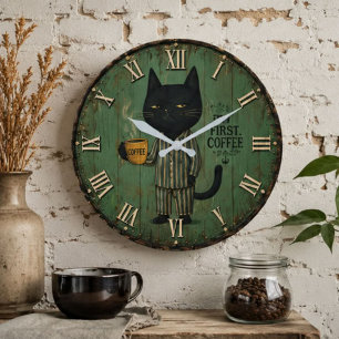 But First Coffee Black Cat Large Clock