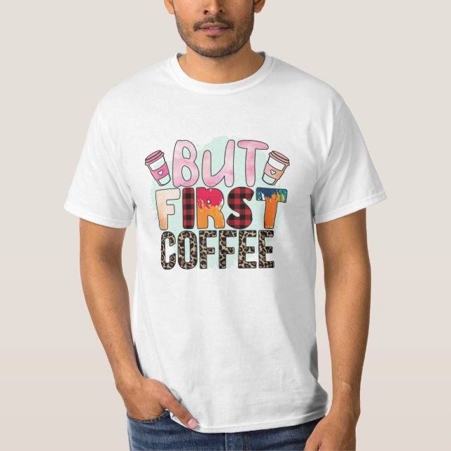 But First Coffee Cute Leopard Plaid Graphic Tee (Front)