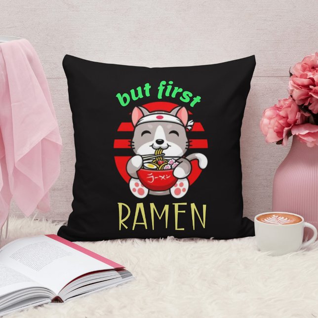 but first Ramen. cute cat eating Ramen Cushion (Creator Uploaded)