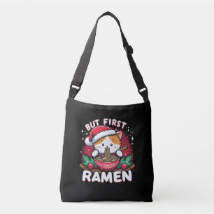 But First Ramen, Cute Cat with Santa Hat Christmas Crossbody Bag