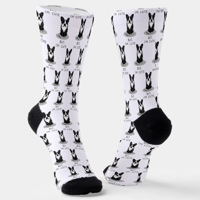 But, I'm Cute Boston Terrier (black) Funny Dog Socks (Angled)