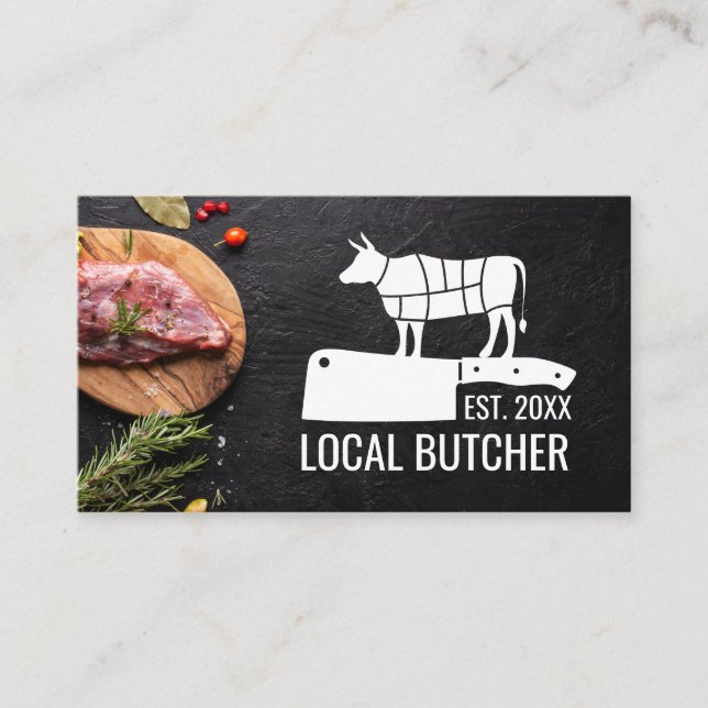 Butcher Meat Cut Chart | Steak on Wood Business Card (Front)