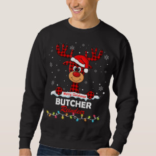 Butcher Reindeer Santa Hat Buffalo Plaid Christmas Sweatshirt