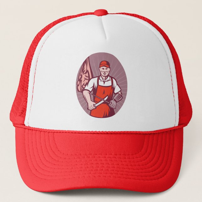 Butcher sharpening knife in butchery trucker hat (Front)