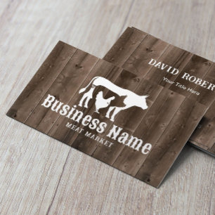 Butcher Shop Meat Market Chicken Pig Cow Barn Wood Business Card