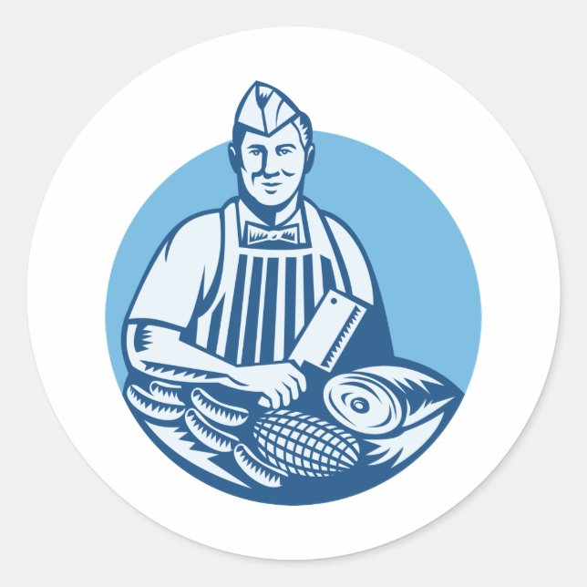 Butcher With Meat Cleaver Meat Cuts Retro Classic Round Sticker (Front)