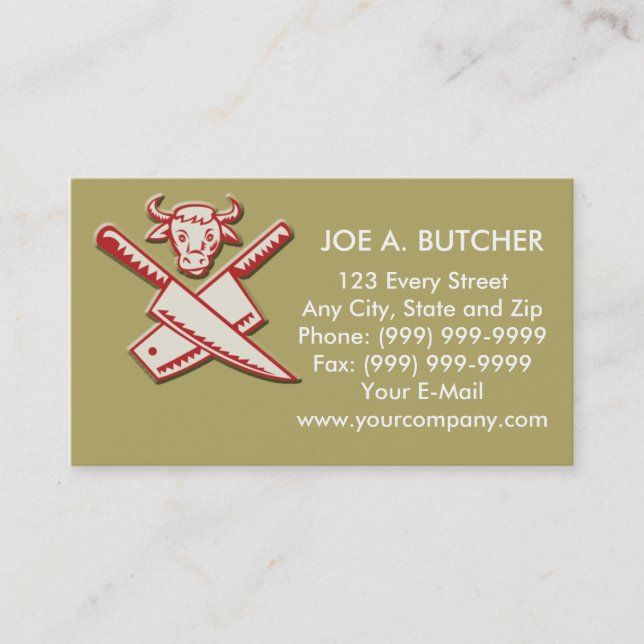 Butcher's knife with cow head business card (Front)