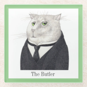BUTLER CAT Glass Drink Coaster + Text