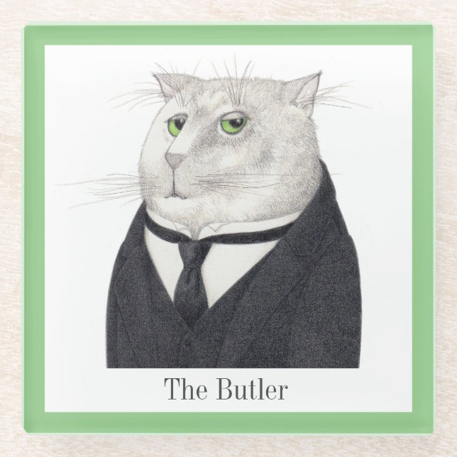 BUTLER CAT Glass Drink Coaster + Text (Front)