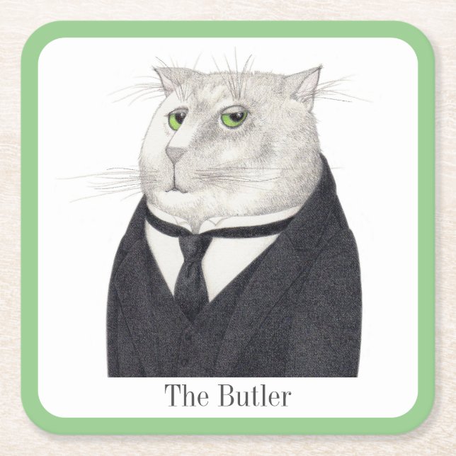 BUTLER CAT Square Paper Coasters + Text (Front)
