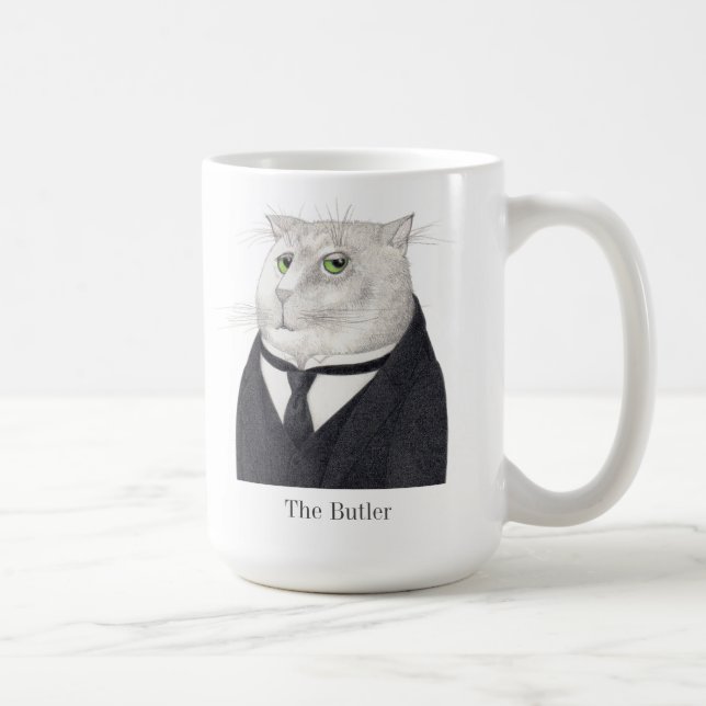 BUTLER CAT Tall White Mug + Text (Right)