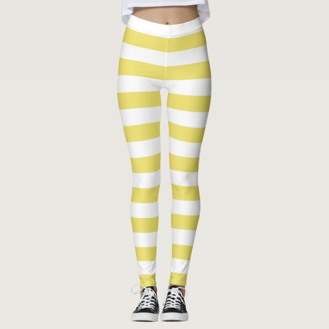 Butter and white colour horizontal striped leggings (Front)