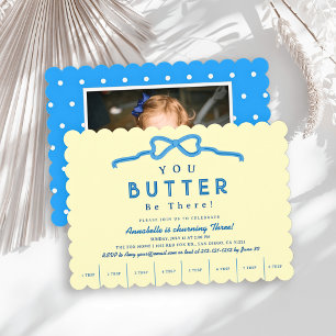 Butter Be There Blue Bow Photo Kid's Birthday Invitation