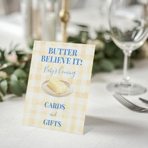 Butter Believe Yellow Gingham Baby Shower Favor Pedestal Sign