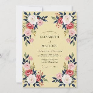Butter Crimson Navy Leafy Wedding Invitation