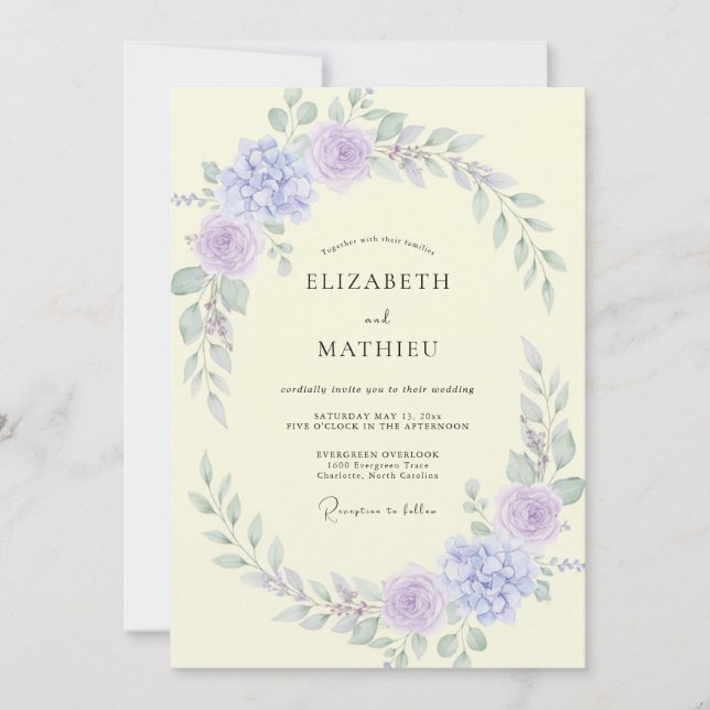 Butter Lilac Wreath Wedding Invitation (Front)