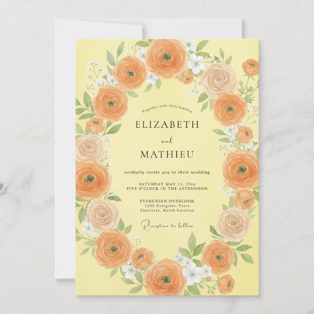 Butter Orange Ranunculus Eucalyptus Wedding Invitation (Front)
