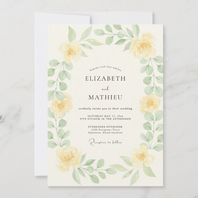 Butter Ranunculus Leafy Wedding Invitation (Front)