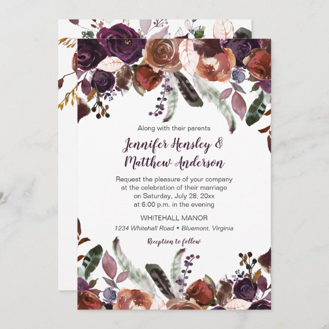 Butter Rum Eggplant Purple Roses Boho Wedding Invitation (Front/Back)
