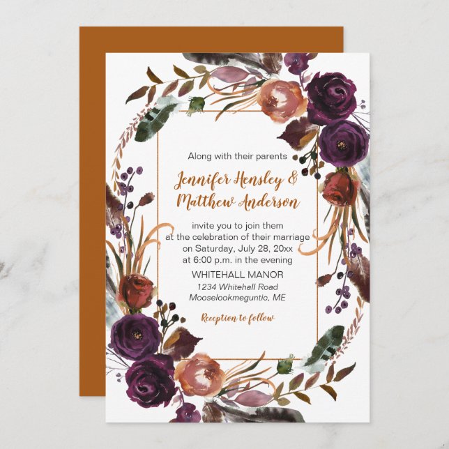 Butter Rum Rust Dark Purple Roses Wreath Wedding Invitation (Front/Back)