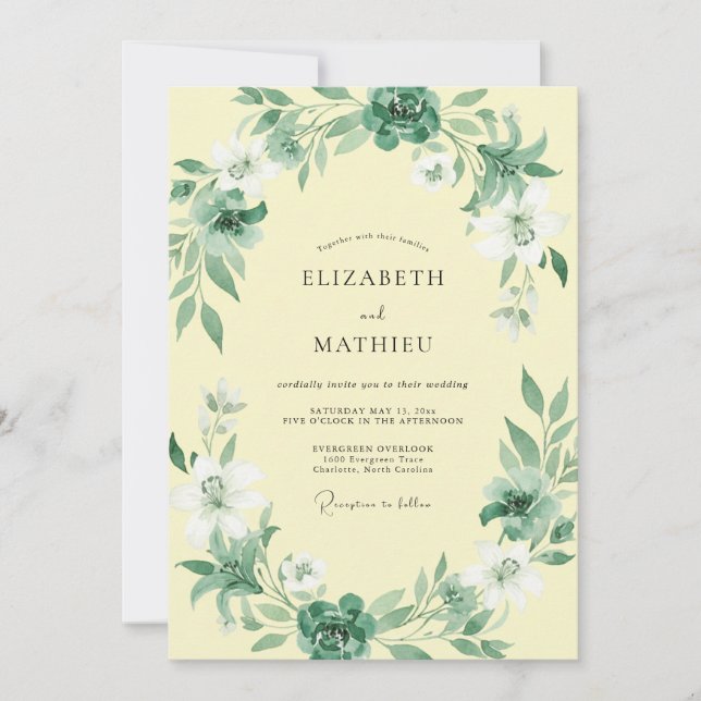 Butter Seafoam Leafy Wedding Invitation (Front)