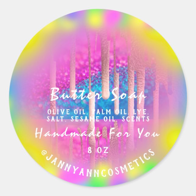Butter Soap Cosmetics Pink Holograph Girly Drips Classic Round Sticker (Front)