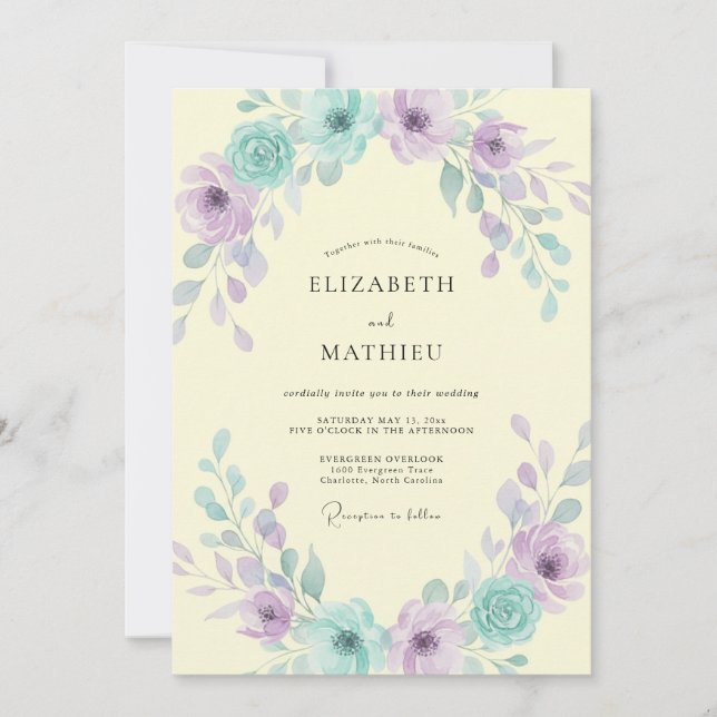 Butter Teal Lilac Leafy Wedding Invitation (Front)