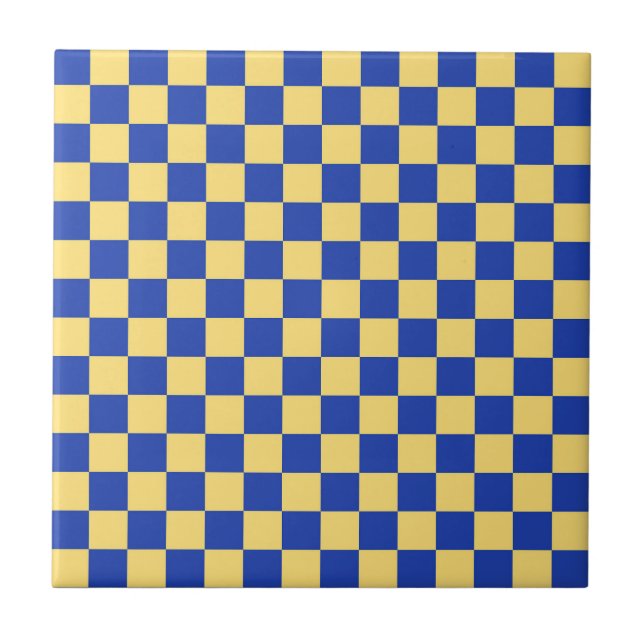Butter yellow and blue checkered board pattern ceramic tile (Front)