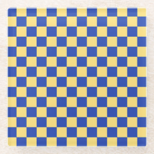 Butter yellow and blue checkered board pattern glass coaster