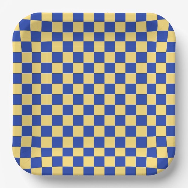 Butter yellow and blue checkered board pattern paper plate (Front)