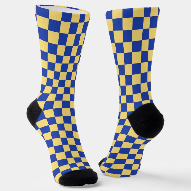 Butter yellow and blue checkered board pattern socks (Angled)