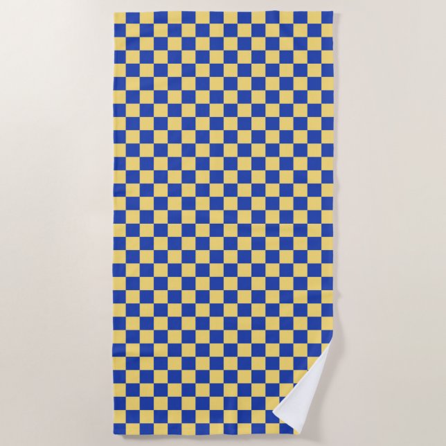 Butter yellow and blue chequered board pattern beach towel (Front)