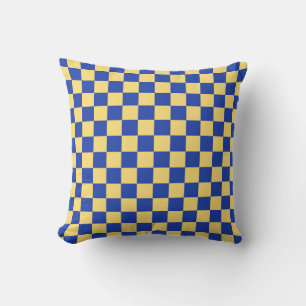 Butter yellow and blue chequered board pattern cushion