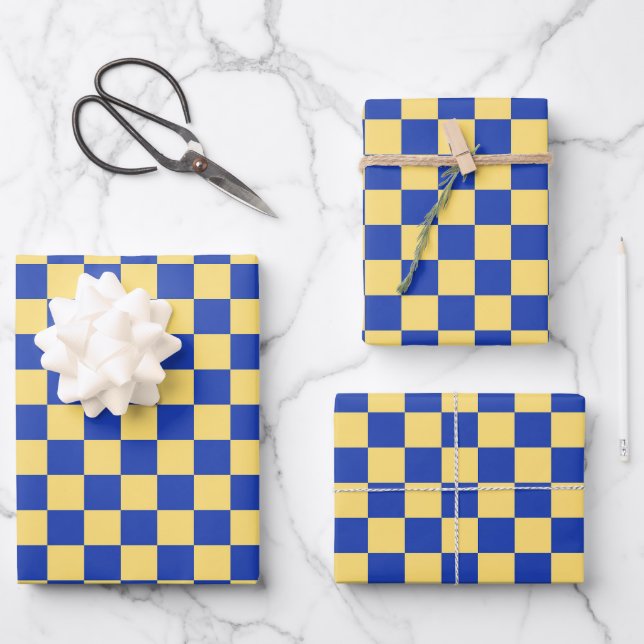 Butter yellow and blue chequered board pattern wrapping paper sheet (Front)