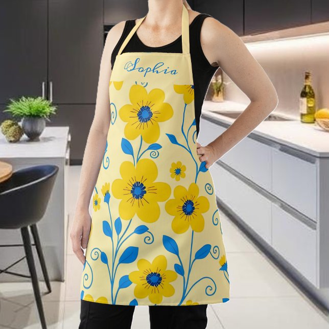 Butter Yellow and Blue Floral Apron (Monogram Butter Yellow and Blue Floral Apron)