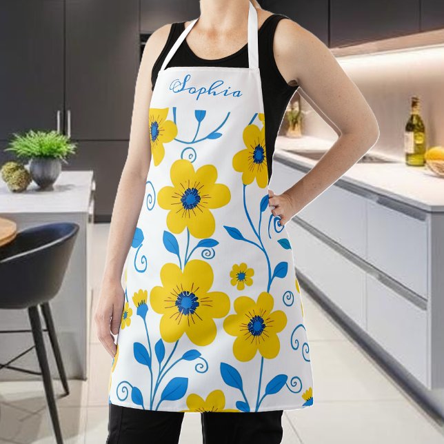 Butter Yellow and Blue Floral Apron (Butter Yellow and Blue Floral Apron in White)