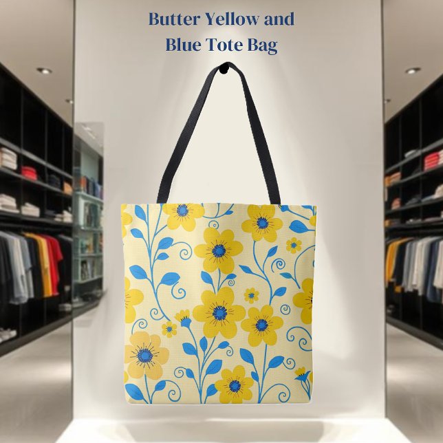 Butter Yellow and Blue Floral Tote Bag (Butter Yellow and Blue Floral-Tote Bag )