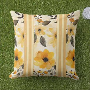 Butter yellow and floral striped cushion