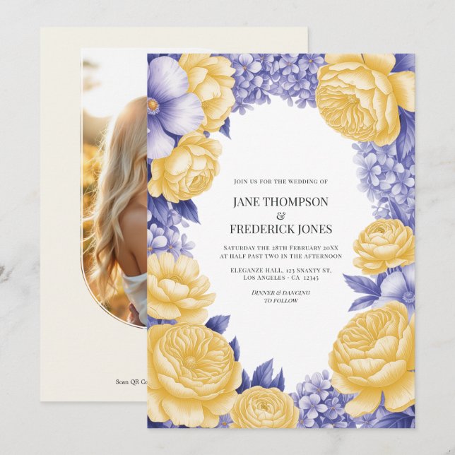 Butter Yellow and Periwinkle Floral Wedding Photo Invitation (Front/Back)