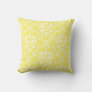 Butter Yellow and White Damask Cushion