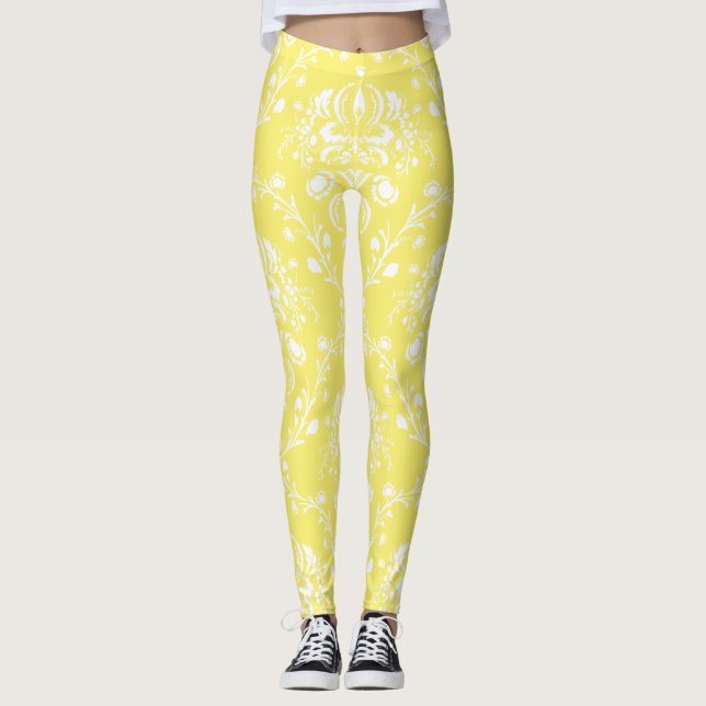 Butter Yellow and White Damask Leggings (Front)