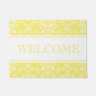 Butter Yellow and White Damask Welcome Doormat