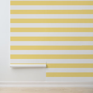 Butter Yellow and White Wide Horizontal Stripes Wallpaper