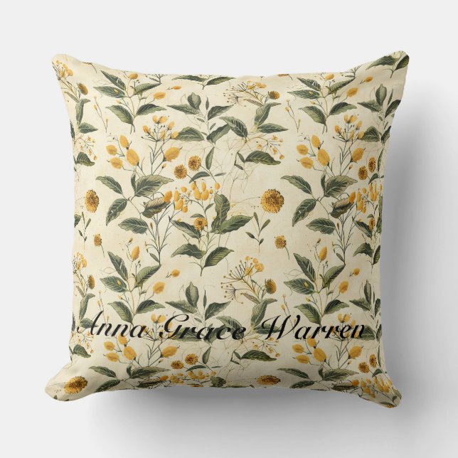 Butter Yellow Antique Old Botanical Pattern 2 Cushion (Front)