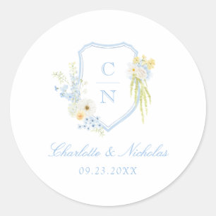 Butter Yellow Blue Floral Monogram Crest Wedding Classic Round Sticker