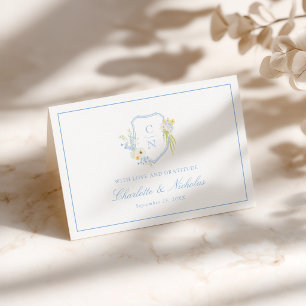 Butter Yellow Blue Floral Monogram Crest Wedding Thank You Card